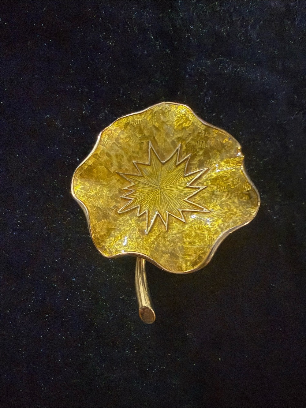 Vintage Yellow Guilloche Enamel Morning Glory Flower Brooch Pin